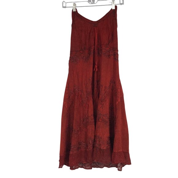 SAKKAS- WOMEN'S L/XL - RED BEADED 100% RAYON SPAGHETTI STRAP DRESS - Picture 1 of 10